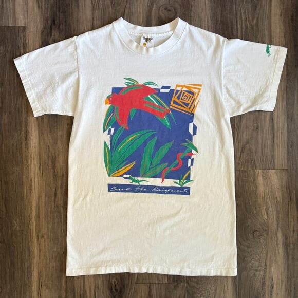 Vintage Save The Rainforests Nature T-Shirt Mens Size M Parrot Activism Art 90s - Picture 1 of 4